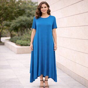 Eileen Fisher SZ S Lightweight Viscose Jersey Asymmetrical A-Line Dress Nile